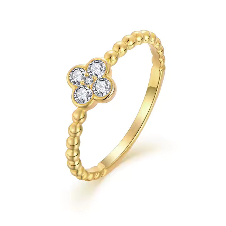 925 Silver Four Leaf Clover Flower Cubic Zircon Wedding Band Gift Ring