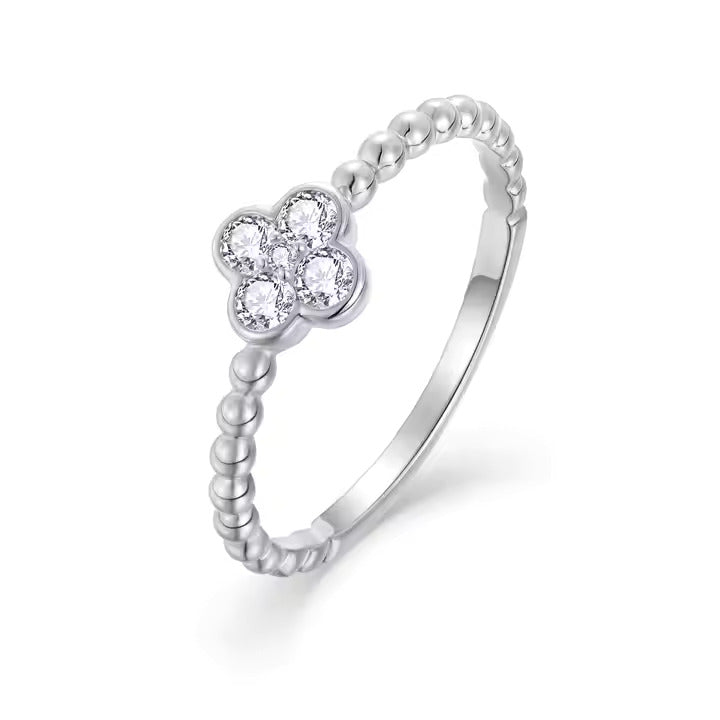 925 Silver Four Leaf Clover Flower Cubic Zircon Wedding Band Gift Ring