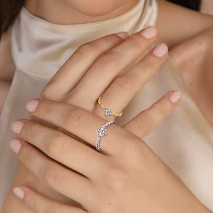 925 Silver Four Leaf Clover Flower Cubic Zircon Wedding Band Gift Ring