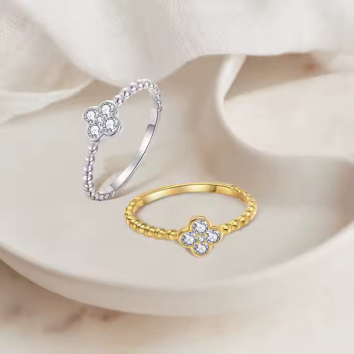 925 Silver Four Leaf Clover Flower Cubic Zircon Wedding Band Gift Ring